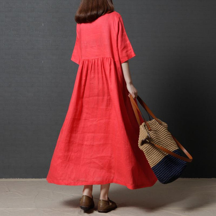 summer red casual women linen dresses large hem loose maxi dress short sleeve sundress - Omychic
