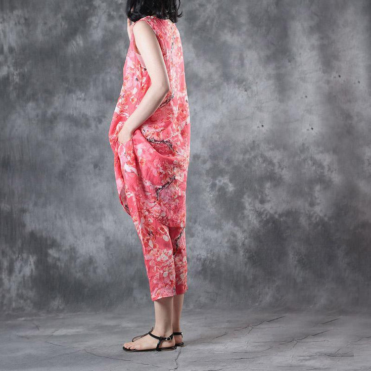 summer red print traveling linen two pieces sleeveless loose tops and casual crop pants - Omychic