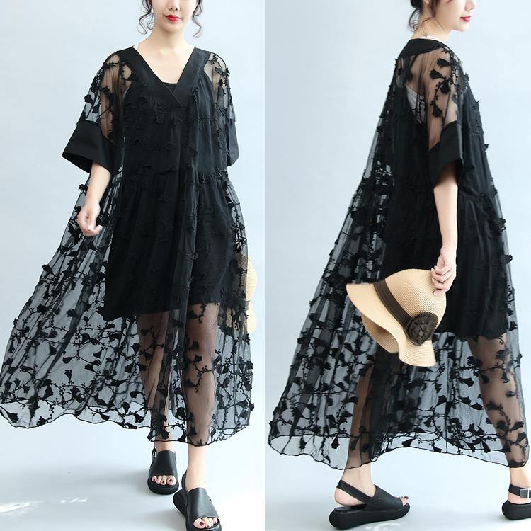 summer stylish black embroidery lace dresses plus size sundress short sleeve maxi dress - Omychic