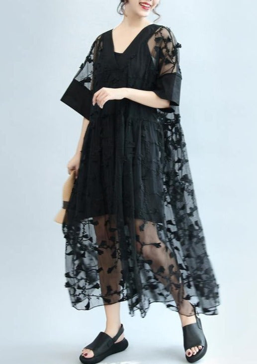 summer stylish black embroidery lace dresses plus size sundress short sleeve maxi dress - Omychic