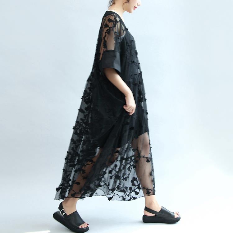 summer stylish black embroidery lace dresses plus size sundress short sleeve maxi dress - Omychic