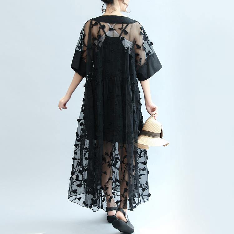 summer stylish black embroidery lace dresses plus size sundress short sleeve maxi dress - Omychic