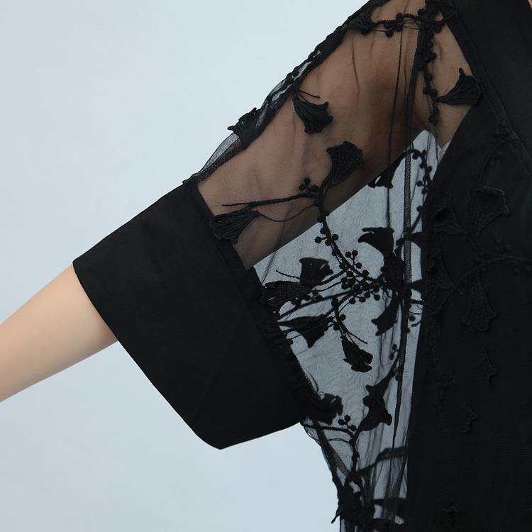 summer stylish black embroidery lace dresses plus size sundress short sleeve maxi dress - Omychic