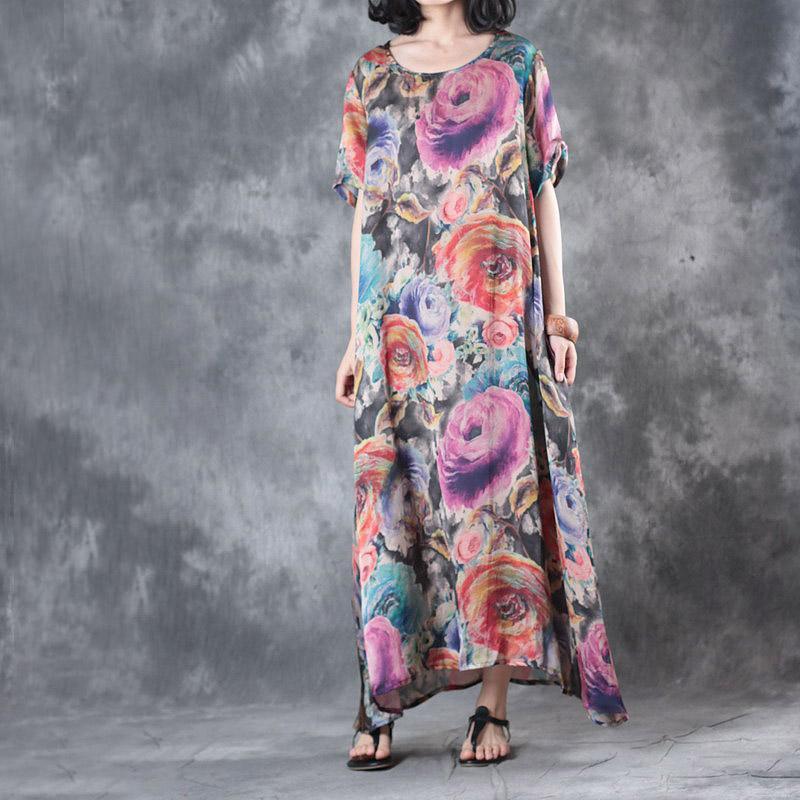 summer stylish purple print silk dresses short sleeve maxi dress - Omychic