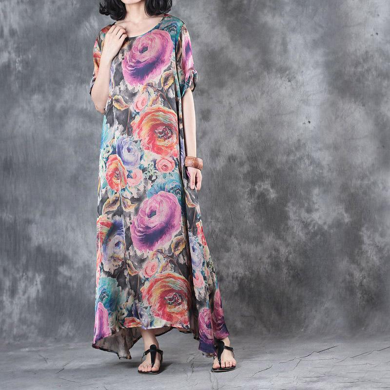 summer stylish purple print silk dresses short sleeve maxi dress - Omychic