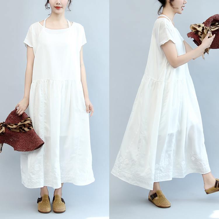 Summer White Casual Cotton Dresses Plus Size Embroidery Sundress Short Sleeve Maxi Dress ( Limited Stock) - Omychic