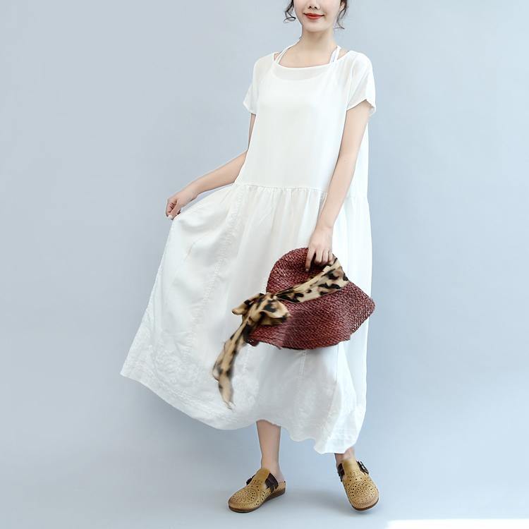 Summer White Casual Cotton Dresses Plus Size Embroidery Sundress Short Sleeve Maxi Dress ( Limited Stock) - Omychic