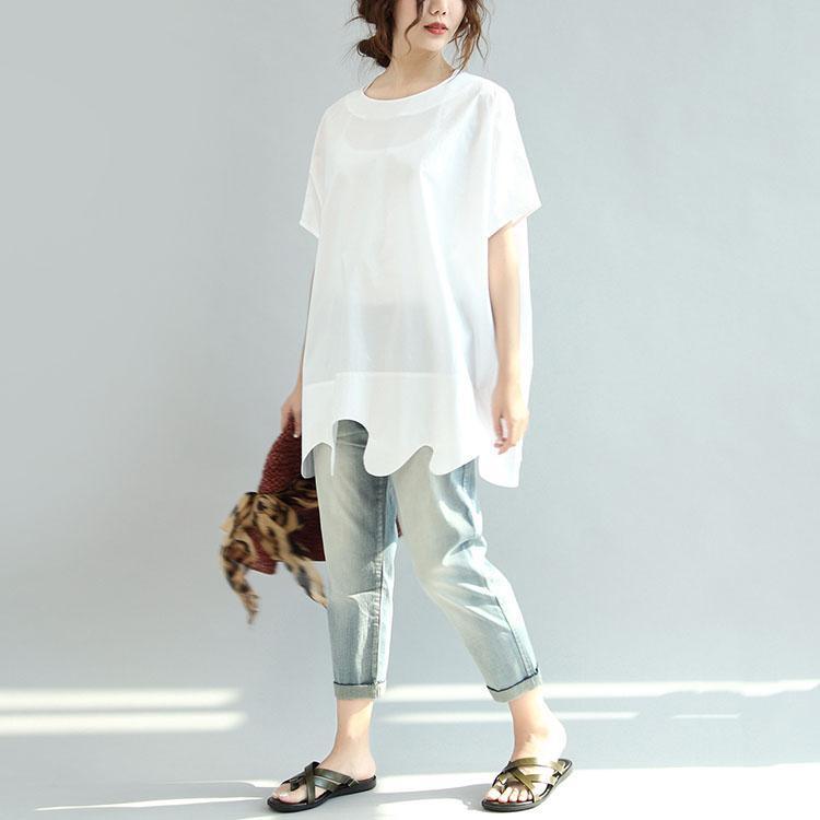 summer white casual cotton tops plus size asymetric hem t shirt - Omychic