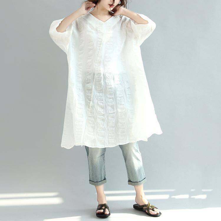 summer white casual linen dresses oversize stylish sundress v neck shirt dress - Omychic