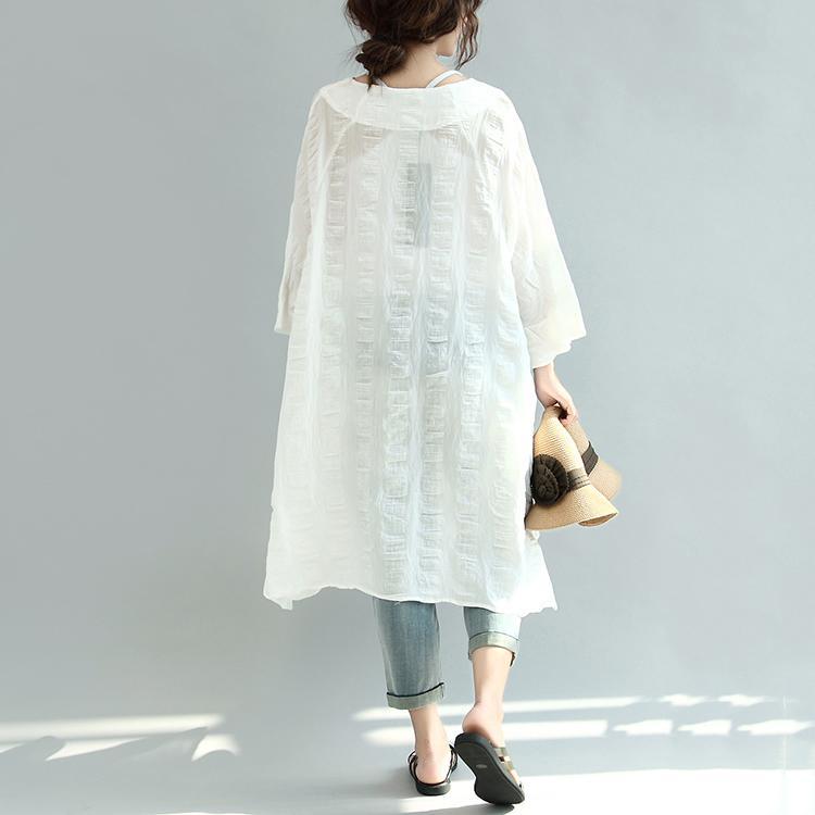 summer white casual linen dresses oversize stylish sundress v neck shirt dress - Omychic