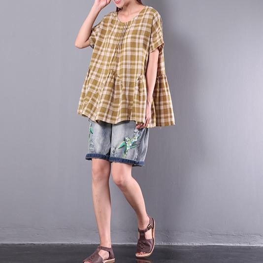 summer women yellow grid casual cotton tops plus size wrinkled t shirt - Omychic