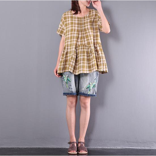 summer women yellow grid casual cotton tops plus size wrinkled t shirt - Omychic
