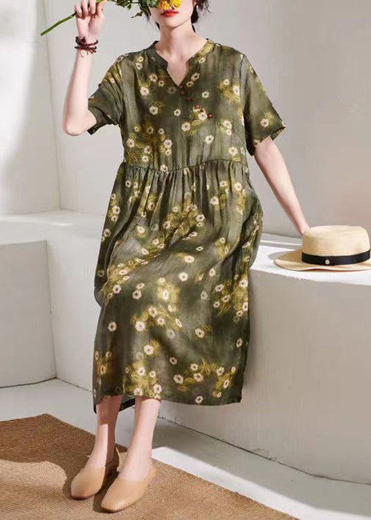 talian Green Print Wrinkled Patchwork Linen Dress Summer