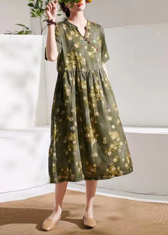 talian Green Print Wrinkled Patchwork Linen Dress Summer