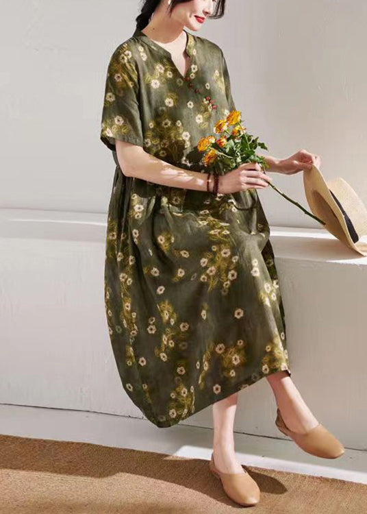 talian Green Print Wrinkled Patchwork Linen Dress Summer