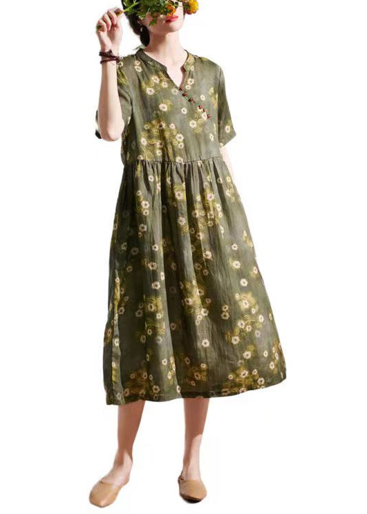 talian Green Print Wrinkled Patchwork Linen Dress Summer