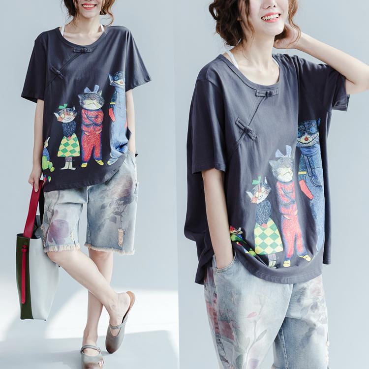the happy cat family Gray cotton shirts plus size woman summer oversize blouses cotton tops - Omychic