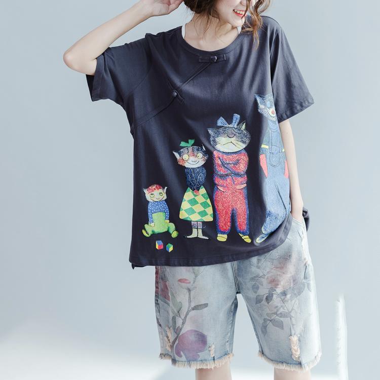the happy cat family Gray cotton shirts plus size woman summer oversize blouses cotton tops - Omychic