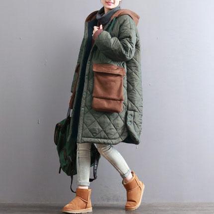 thick army green women oversized hooded drawstring Coats top quality patchwork Large pockets winter coats - Omychic