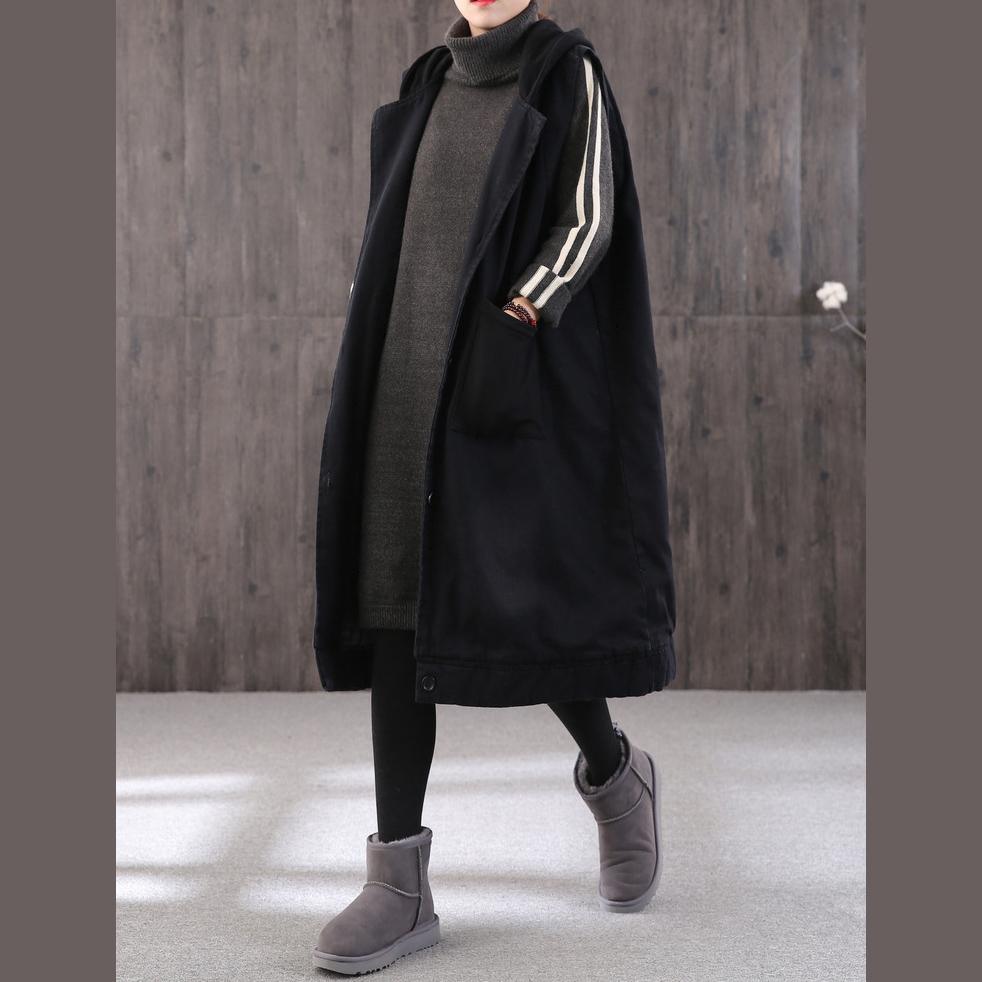 thick black Parkas plus size clothing Coats hooded pockets sleeveless coat - Omychic