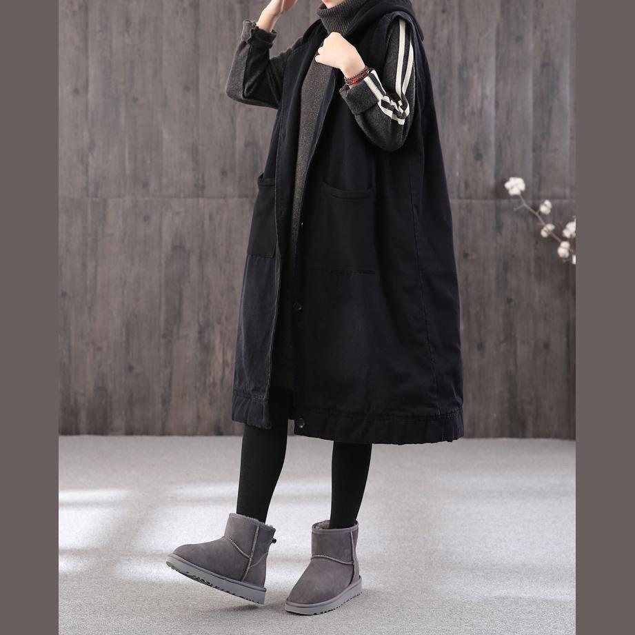 thick black Parkas plus size clothing Coats hooded pockets sleeveless coat - Omychic