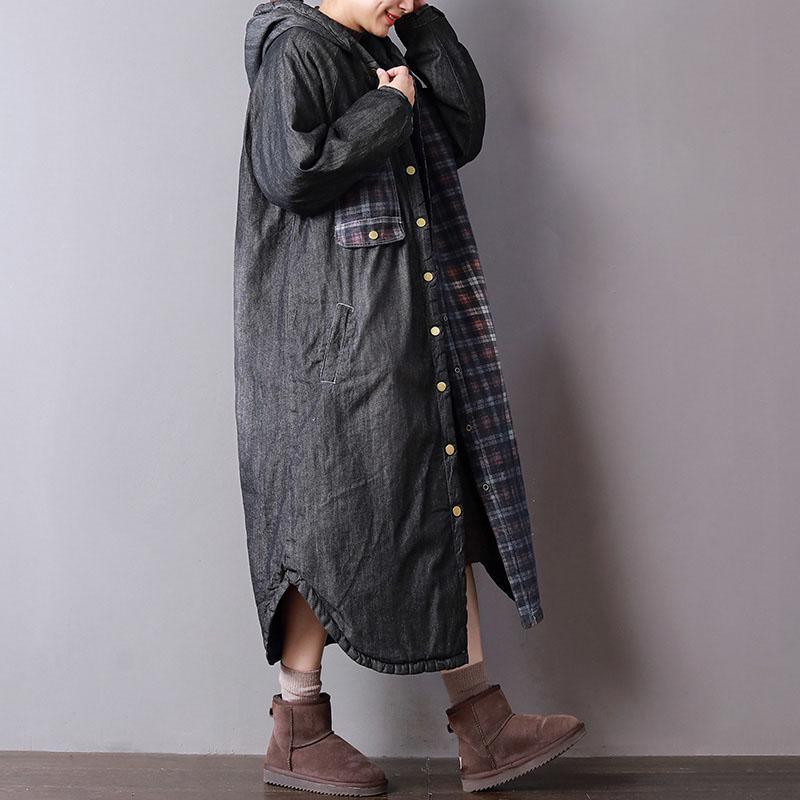 thick black denim parkas for women casual hooded jacket women pockets patchwork coats - Omychic
