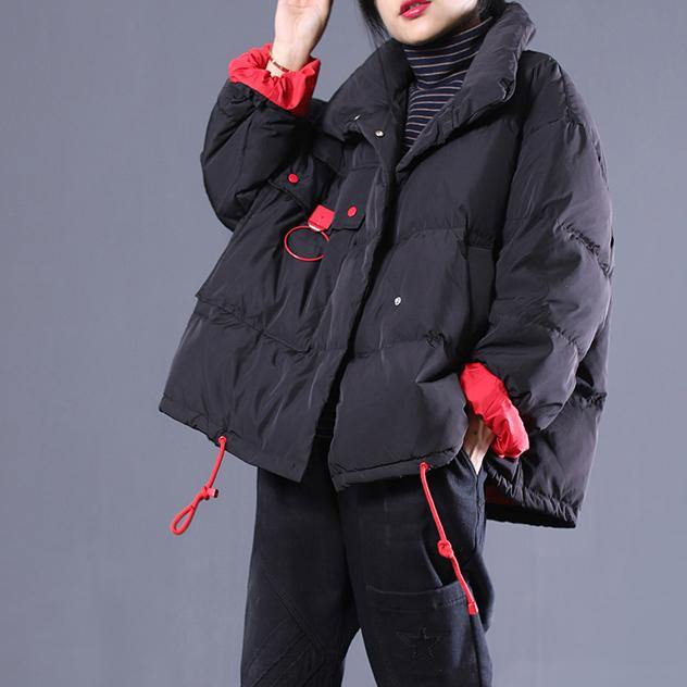 thick black plus size clothing stand collar quilted coat Elegant drawstring pockets down coat - Omychic
