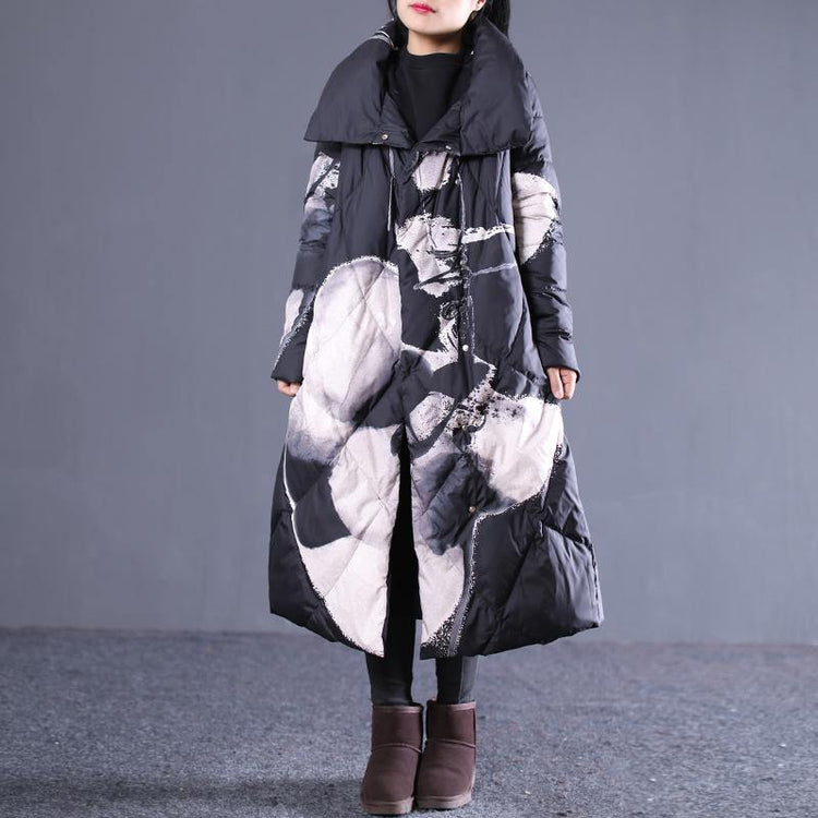 thick black print down jacket plus size stand collar down overcoat Casual pockets zippered long down coats - Omychic