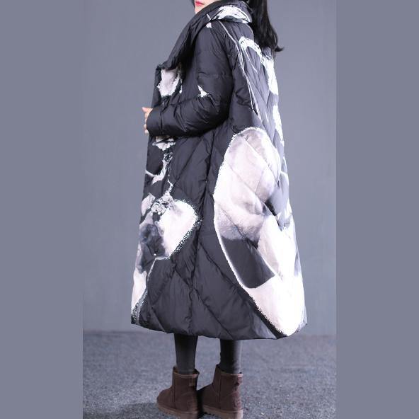 thick black print down jacket plus size stand collar down overcoat Casual pockets zippered long down coats - Omychic