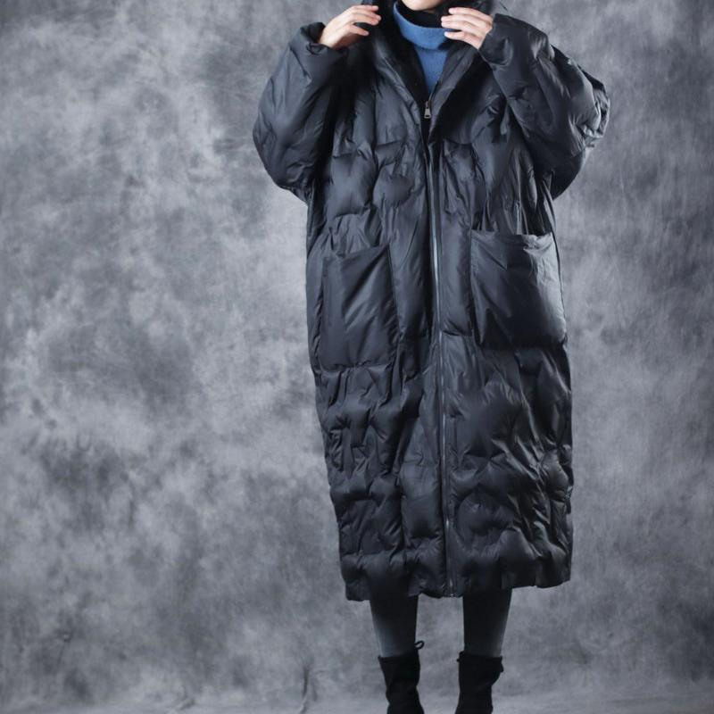 thick black winter parka plus size hooded down jacket women zippered pockets outwear - Omychic