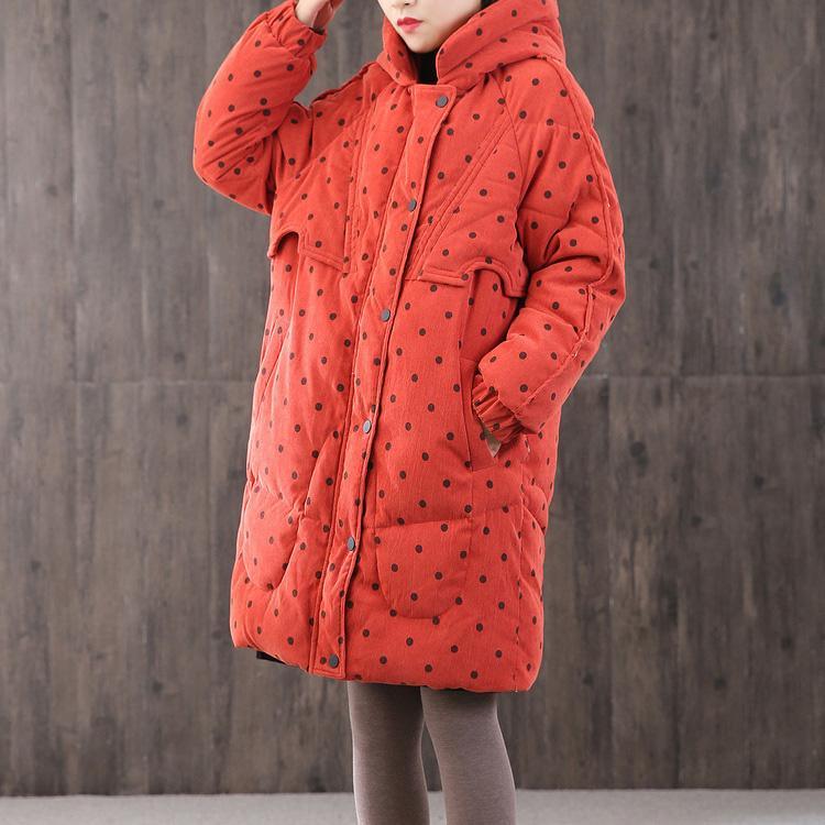 thick casual winter coats red dotted hooded zippered Parkas - Omychic