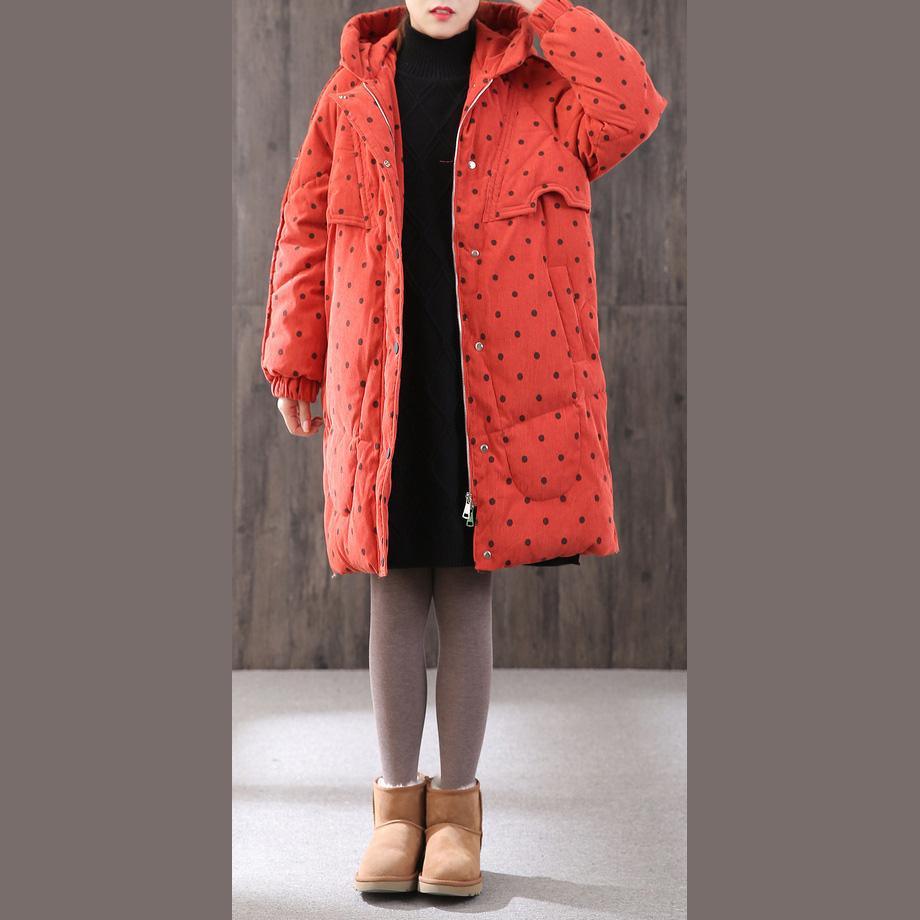 thick casual winter coats red dotted hooded zippered Parkas - Omychic