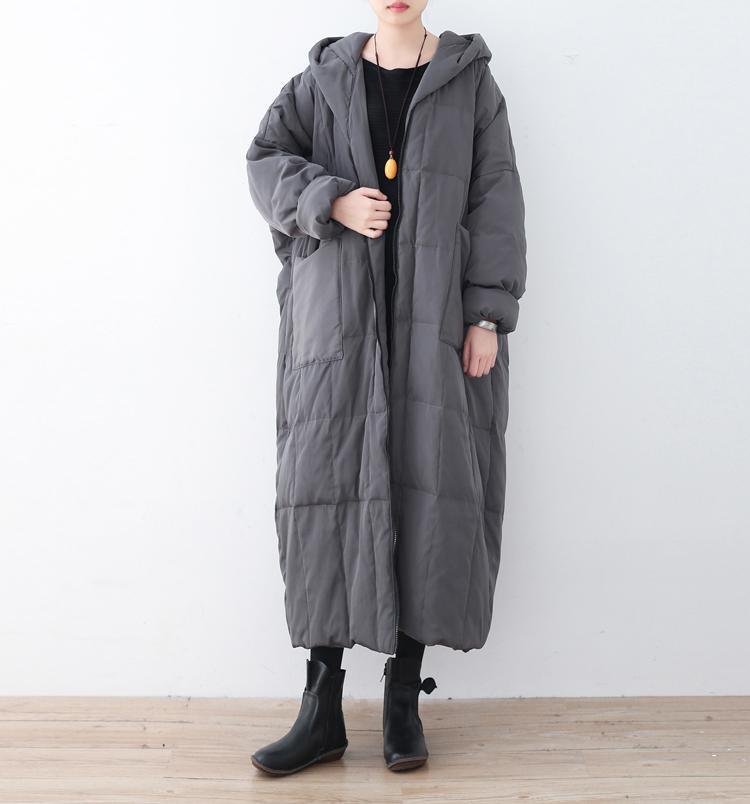 thick gray down coat plus size hooded pockets down jacket top quality zippered baggy long coats - Omychic