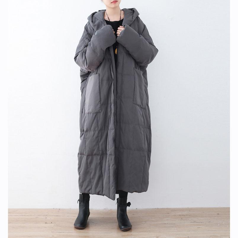 thick gray down coat plus size hooded pockets down jacket top quality zippered baggy long coats - Omychic