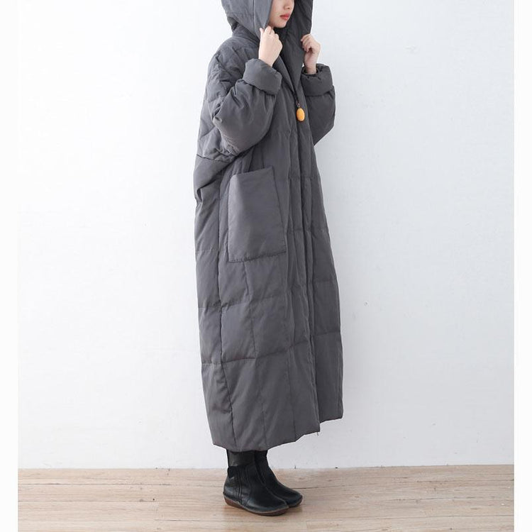 thick gray down coat plus size hooded pockets down jacket top quality zippered baggy long coats - Omychic