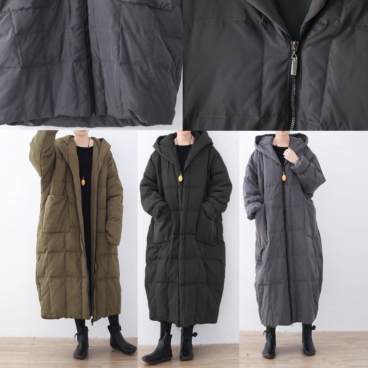 thick gray down coat plus size hooded pockets down jacket top quality zippered baggy long coats - Omychic