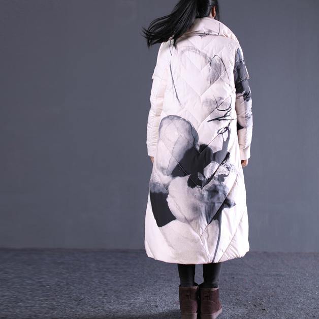 thick light nude print quilted coat oversized stand collar down overcoat Elegant pockets zippered down overcoat - Omychic
