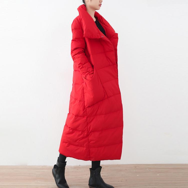 thick red quilted coat oversize stand collar down coat Elegant pockets overcoat - Omychic
