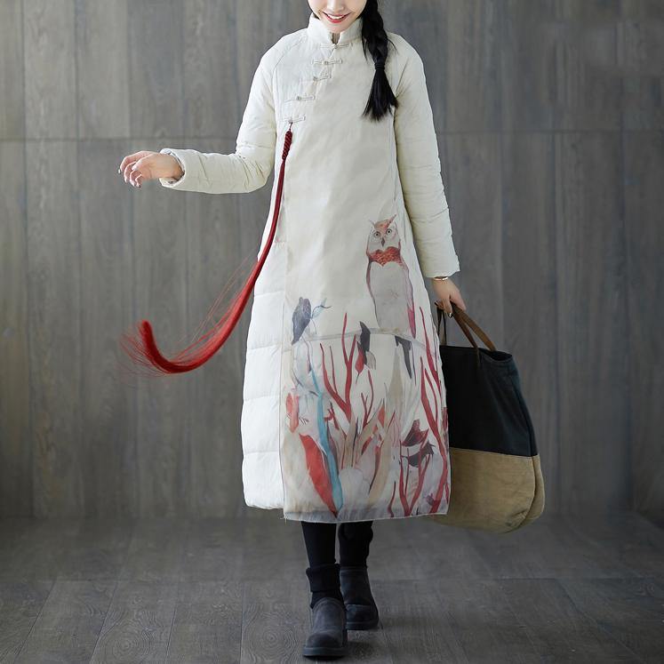 thick white print down coat plus size stand collar patchwork Casual Chinese Button down coat - Omychic