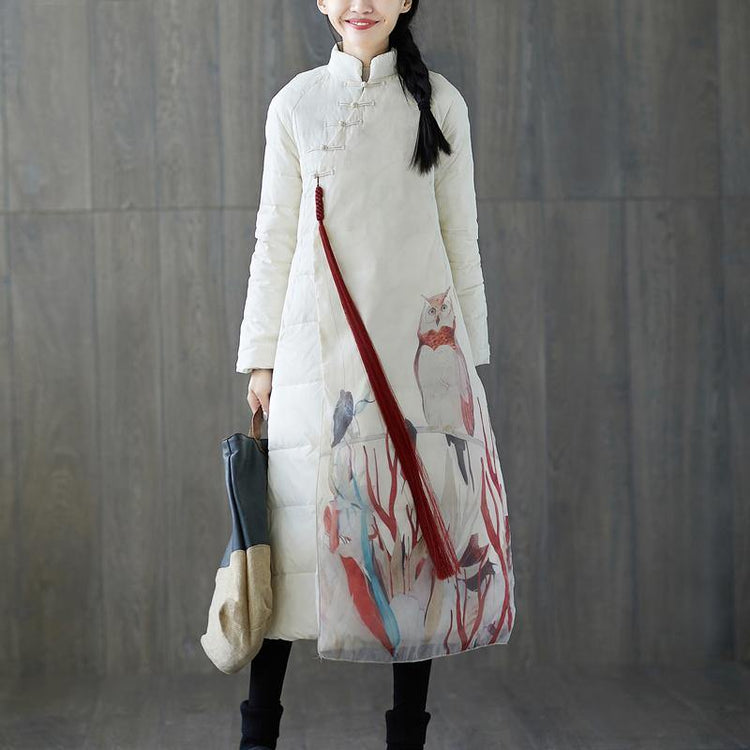 thick white print down coat plus size stand collar patchwork Casual Chinese Button down coat - Omychic