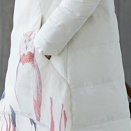 thick white print down coat plus size stand collar patchwork Casual Chinese Button down coat - Omychic