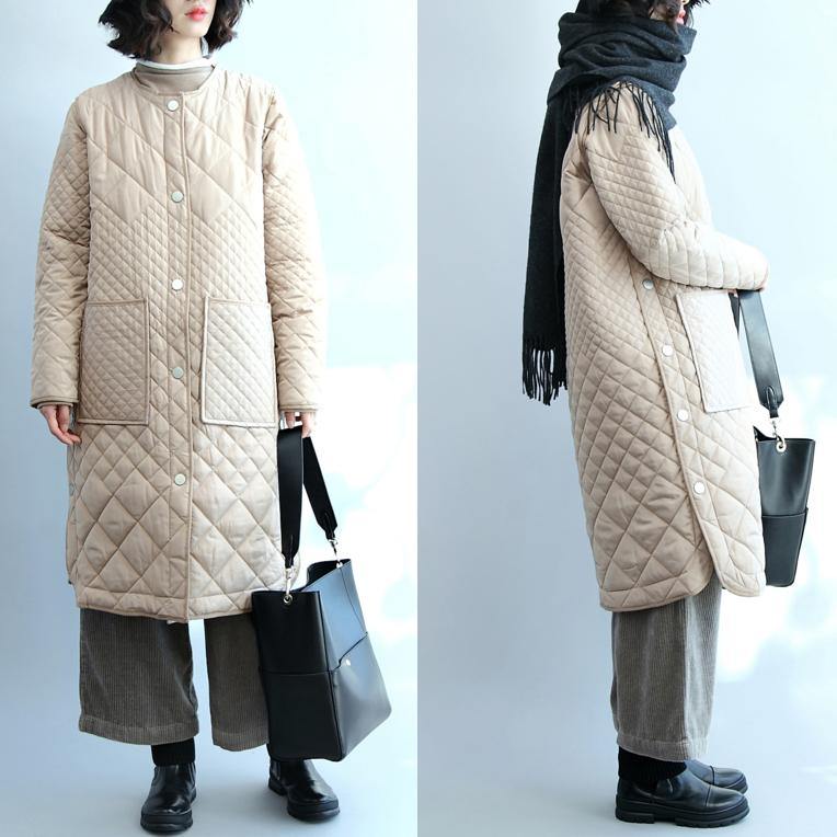 thick beige down jacket trendy plus size thin quilted coat New side button overcoat - Omychic