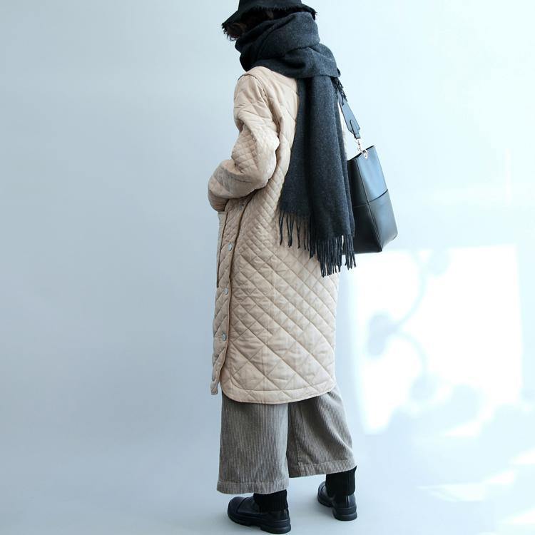 thick beige down jacket trendy plus size thin quilted coat New side button overcoat - Omychic