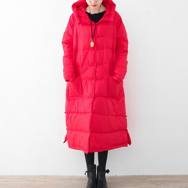 thick red winter parka oversized down jacket thick hooded winter outwear Chinese Button - Omychic