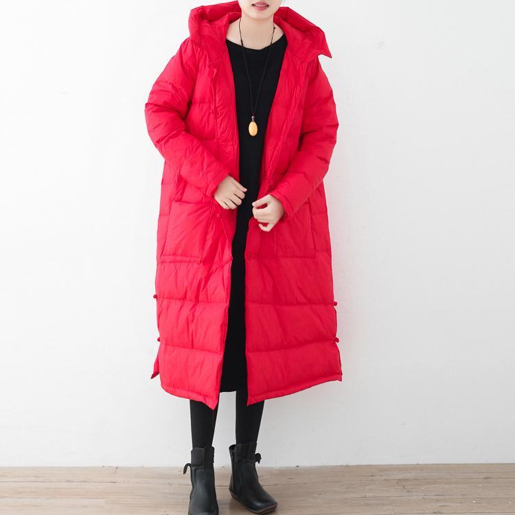 thick red winter parka oversized down jacket thick hooded winter outwear Chinese Button - Omychic
