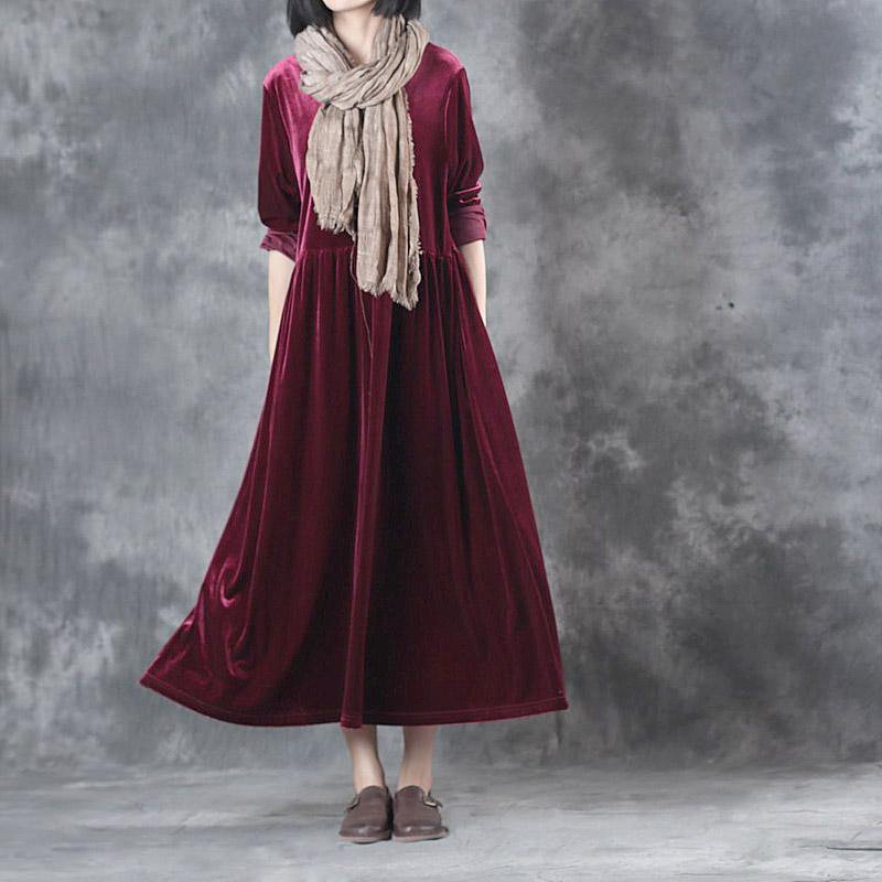 tick warm red corduroy dresses plus size waist wrinkled long sleeve maxi gowmn - Omychic