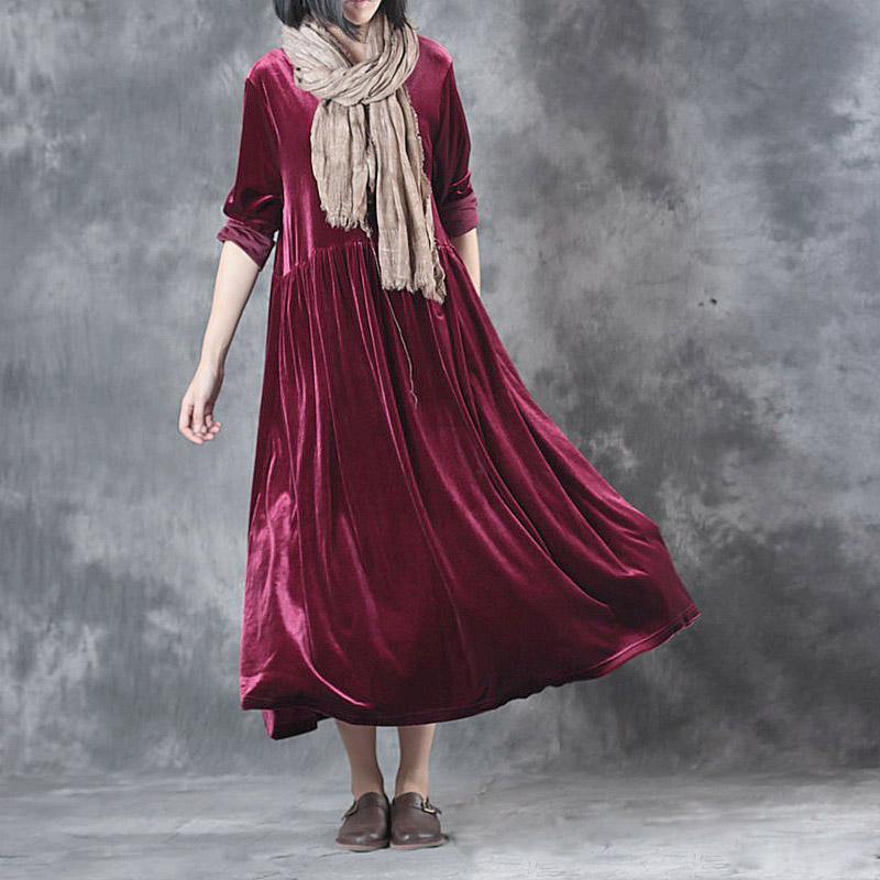 tick warm red corduroy dresses plus size waist wrinkled long sleeve maxi gowmn - Omychic