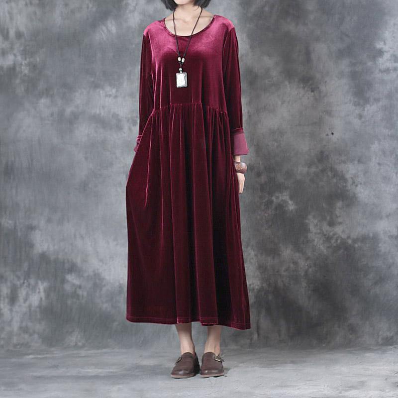 tick warm red corduroy dresses plus size waist wrinkled long sleeve maxi gowmn - Omychic