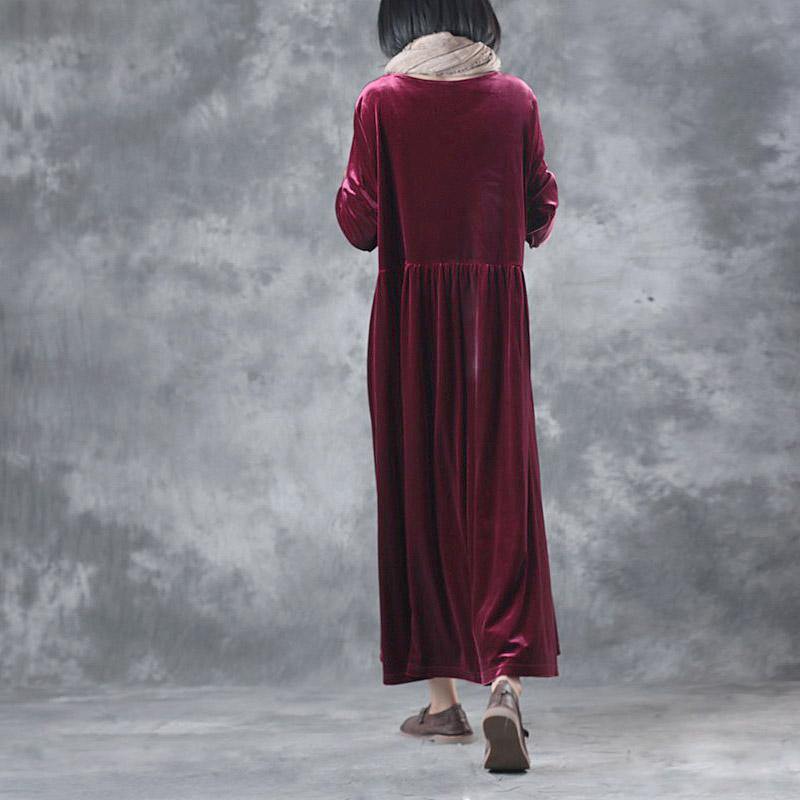 tick warm red corduroy dresses plus size waist wrinkled long sleeve maxi gowmn - Omychic