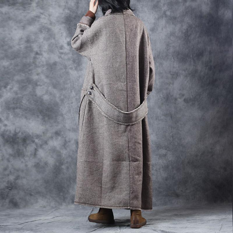 top quality Plaid woolen coats casual Turn-down Collar long coat New tie waist pockets trench coat - Omychic